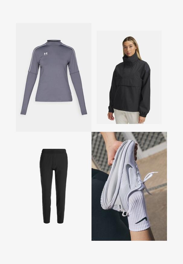 Černá voděodolná pulovrová bunda s vysokým límcem, elastickými manžetami a přední kapsou. Vyrobena z lehkého a hladkého materiálu. Jednoduchý design.; Hustě šedé sportovní tričko s dlouhým rukávem a stojáčkovým límcem, bílé akcenty na ramenou a logo Under Armour na levé části hrudi. Materiál je hladký.; Černé zúžené kalhoty s elastickým pasem, s hladkou texturou a minimalistickým designem. Lehký materiál pro pohodlí.; Bílé sportovní boty s texturovaným designem a šedým logem Nike, držené nad bílou ponožkou. Boty mají flexibilní podrážku a tkaničky.