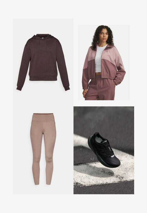 Lühike roosa tuulejakk, millel on külgriba ja tõmbetukar, venivad mansetid ja vöökoht, koos valge ülemisega.; Pruun kapuutsiga sviiter pika varrukaga, valmistatud pehmest kangast. Omab reguleeritavat kapuutsi ning ribakuntide ääre all ja varrukaotsades.; Pruunid kõrge vöökohtadega legginsid sujuva tekstuuriga, külgtaskutega ja väikeste peegeldavate aktsentidega ees.; Mustmustööd mustad jooksujalatsid tekstureeritud pealsed, sujuv disain ja helendavad aktsendid. Omab pehmet, polsterdatud tallat, mis tagab mugavuse.