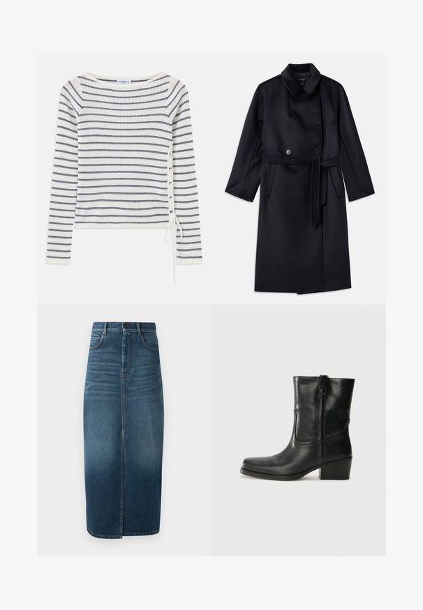 Marineblauer Wollmischmantel mit Reverskragen, doppelt-knöpfigem Verschluss, tailliertem Gürtel, Seitentaschen und mittellangem Design.; Gestreiftes Langarmoberteil in Weiß und Marineblau, mit weiter Ausschnitt und Schnürdetail an der Seite. Hergestellt aus einem strukturierten Strickstoff.; Weiße Kurzarmbluse mit blauer Blumenstickerei, einem runden Ausschnitt und detaillierten Mustern entlang der Vorderseite und Ärmel.; Denim-Midi-Rock in dunklem Indigo, mit einem vorderen Schlitz und leichtem Verblassen. Klassisches Fünf-Taschen-Design mit metallischem Knopfverschluss.; Schwarze Leder-Ankle Boots mit runder Zehenform, Blockabsatz, seitlichem Reißverschluss und gestickten Akzenten auf dem Blatt. Glatte Textur, klassisches Design.