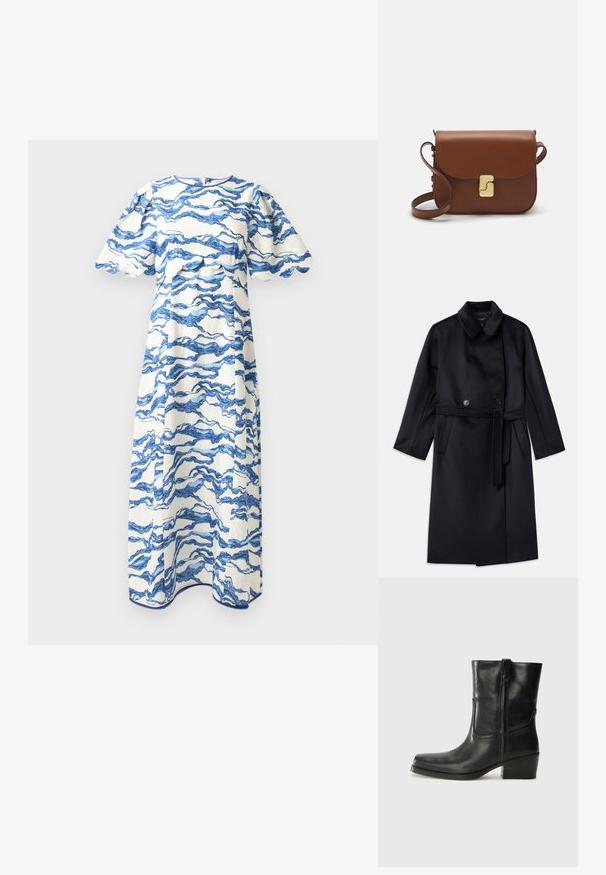Tamsiai mėlynas vilnos mišinys paltas su iškirptu apykakle, dvigubo užsegimo mygtukais, diržu liemens srityje, šoninėmis kišenėmis ir vidutinio ilgio dizainu.; Hofmann Copenhagen NERINA - Kasdienė suknelė - sea blue print; Juodi odiniai aulinukai iki kulkšnies su apvali nosimi, blokuotais kulnais, šonine užtrauktuku ir siuvimo akcentais ant viršutinės dalies. Lygi tekstūra, klasikinis dizainas.; Ruda odinė rankinė su uždaromu dangteliu, aukso spalvos detalėmis, petneša ir lygiu paviršiumi. Kompaktiška stačiakampio formos.