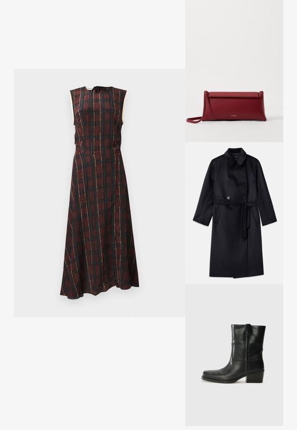 Navy wool blend coat with a notched collar, double-breasted buttons, belted waist, side pockets, and mid-length design.; Sleeveless plaid dress in dark red and black, featuring gold accents, a fitted bodice, and a flowy skirt with a side slit.; Black leather ankle boot with a rounded toe, block heel, side zipper, and stitching accents on the vamp. Smooth texture, classic design.; Red leather clutch bag with a textured finish, featuring a flat fold-over top and a short strap. Subtle brand logo on the front.