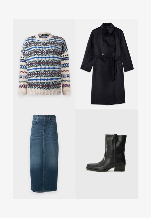 Casaco de mistura de lã azul-escuro com colarinho recortado, botões duplos, cintura cingida, bolsos laterais e comprimento intermédio.; Camisola de gola redonda em malha com padrões Fair Isle horizontais multicoloridos em azul, verde, bordô e bege, nas mangas compridas e no corpo.; Saia midi de denim em índigo escuro, com uma fenda frontal e ligeira descoloração. Design clássico de cinco bolsos com fecho em botão de metal.; Bota de tornozelo em couro preto com bico arredondado, salto bloco, fecho lateral e detalhes em costura na parte frontal. Textura suave, design clássico.