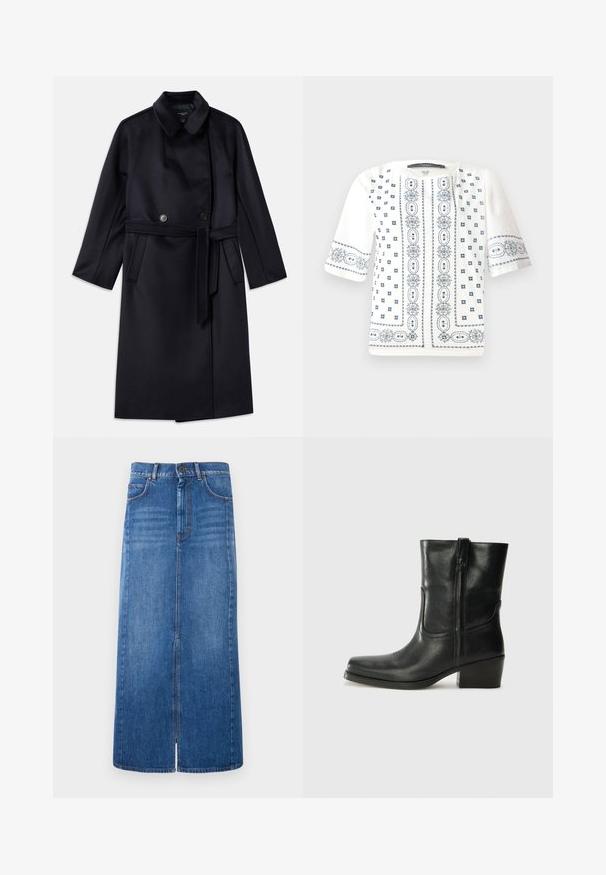 Marineblauer Wollmischmantel mit Reverskragen, doppelt-knöpfigem Verschluss, tailliertem Gürtel, Seitentaschen und mittellangem Design.; Weiße Kurzarmbluse mit blauer Blumenstickerei, einem runden Ausschnitt und detaillierten Mustern entlang der Vorderseite und Ärmel.; Midikleid aus Denim in Blau, mit einem Schlitz in der Mitte vorne, einem normalen Taillenbund mit Knopfverschluss und zwei Vordertaschen.; Schwarze Leder-Ankle Boots mit runder Zehenform, Blockabsatz, seitlichem Reißverschluss und gestickten Akzenten auf dem Blatt. Glatte Textur, klassisches Design.
