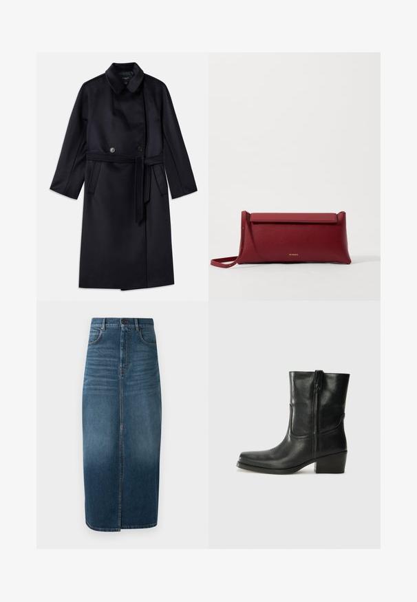 Mornarica kaput od vune s mješavinom, s izrezanom kragnom, dvostrukim dugmetima, pojasom na struku, bočnim džepovima i srednjom dužinom.; Bijela kratka majica s kratkim rukavima koja sadrži plavu cvjetnu vez, okrugli izrez i složene uzorke duž prednje strane i rukava.; Traper suknja midi dužine u tamnoplavoj boji, s prednjim prorezom i blagim izbljeđivanjem. Klasičan dizajn s pet džepova i metalnim zatvaranjem.; Crne kožne čizme do članaka s okruglim vrhom, blok potpeticom, bočnim patentnim zatvaračem i detaljima od šavova na gornjem dijelu. Glatka tekstura, klasičan dizajn.; Crvena kožna clutch torbica s teksturiranim završetkom, s ravnim preklopom na vrhu i kratkom trakom. Suptilan logotip brenda sprijeda.