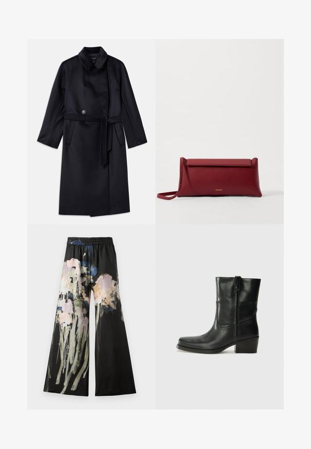 Navy villasekoitus takki, jossa on leikattu kaulus, kaksiriviset napit, vyöllinen vyötärö, sivutaskut ja puolipitkä muotoilu.; Valkoinen lyhythihainen paita, jossa on sinisiä kukkakirjontoja, pyöreä pääntie ja monimutkaiset kuviot edessä ja hihoissa.; Lösa byxor i svart tyg med ett akvarellblommönster i rosa, blå och gröna nyanser; elastisk midja för komfort.; Musta nahkasaapas nilkkamittaisella varrella, pyöreällä kärjellä, lohkarekorolla, sivuvetoketjulla ja ompeluaksentilla varren yläosassa. Suora pinta, klassinen muotoilu.; Punainen nahkainen clutch-muoti, jossa on teksturoitu pinta, litteä taittopäällinen ja lyhyt hihna. Hienovarainen brändilogo edessä.