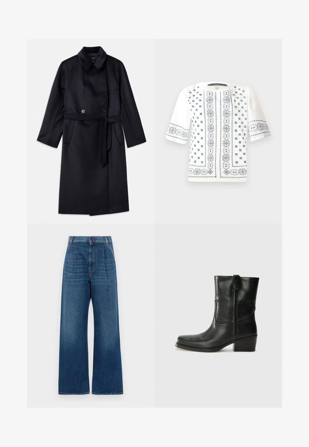 Tamsiai mėlynas vilnos mišinys paltas su iškirptu apykakle, dvigubo užsegimo mygtukais, diržu liemens srityje, šoninėmis kišenėmis ir vidutinio ilgio dizainu.; Balta trumpų rankovių bliuskutė su mėlynais gėlėmis siuvinėjimais, apvaliu dekoltė ir sudėtingais raštais priekyje ir rankovėse.; Aukštos liemens plačios mėlynos džinsinės kelnės. Yra priekinis mygtuko užsegimas, raukšlės ir subtilus perėjimas nuo tamsiai mėlynos iki šviesiai mėlynos prie klešnių.; Juodi odiniai aulinukai iki kulkšnies su apvali nosimi, blokuotais kulnais, šonine užtrauktuku ir siuvimo akcentais ant viršutinės dalies. Lygi tekstūra, klasikinis dizainas.