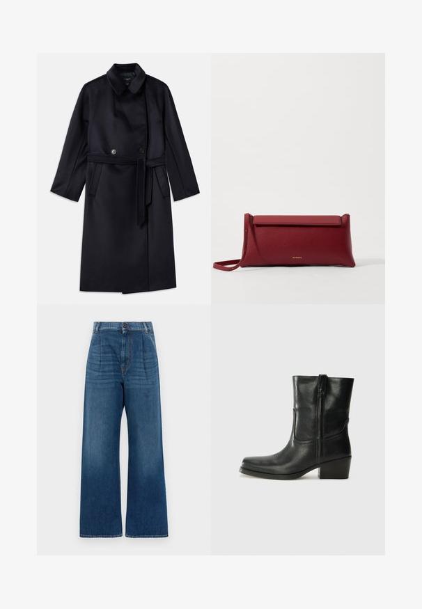 Abrigo de mezcla de lana de color marino con cuello con muesca, botones de doble botonadura, cinturón en la cintura, bolsillos laterales y diseño de longitud media.; Blusa corta de manga corta blanca con bordado floral azul, escote redondo y patrones intrincados a lo largo del frente y las mangas.; Vaqueros de mezclilla de pierna ancha de talle alto en color azul. Con cierre de botón en la parte delantera, pliegues y un sutil desvanecimiento de azul oscuro a claro en el dobladillo.; Botín negro de cuero hasta el tobillo con punta redondeada, tacón cuadrado, cremallera lateral y detalles de costura en el empeine. Textura suave, diseño clásico.; Bolso de mano de cuero rojo con un acabado texturizado, que presenta una parte superior plana y un asa corta. Sutil logo de la marca en la parte frontal.