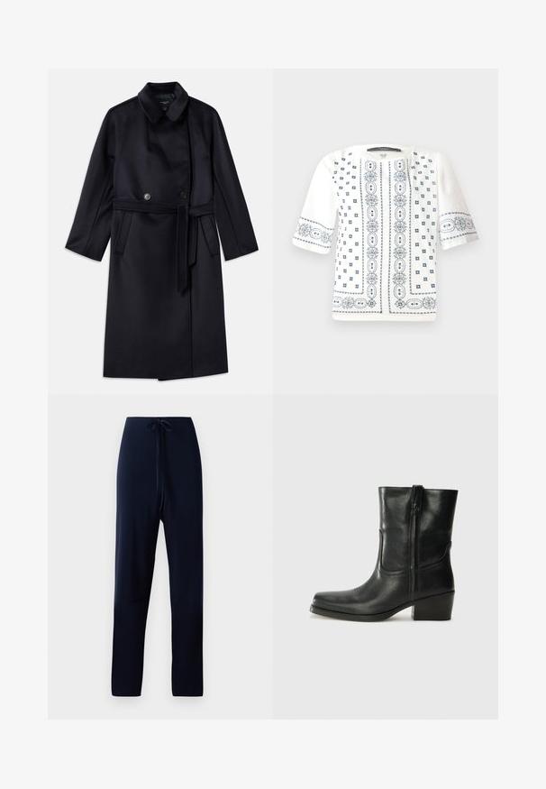 Tamsiai mėlynas vilnos mišinys paltas su iškirptu apykakle, dvigubo užsegimo mygtukais, diržu liemens srityje, šoninėmis kišenėmis ir vidutinio ilgio dizainu.; Balta trumpų rankovių bliuskutė su mėlynais gėlėmis siuvinėjimais, apvaliu dekoltė ir sudėtingais raštais priekyje ir rankovėse.; Tamsiai mėlynos kelnės, pagamintos iš minkštos medžiagos, turinčios raištelių juosmenį, tiesias kojas ir lygų tekstūrą be raštų ar akcentų.; Juodi odiniai aulinukai iki kulkšnies su apvali nosimi, blokuotais kulnais, šonine užtrauktuku ir siuvimo akcentais ant viršutinės dalies. Lygi tekstūra, klasikinis dizainas.