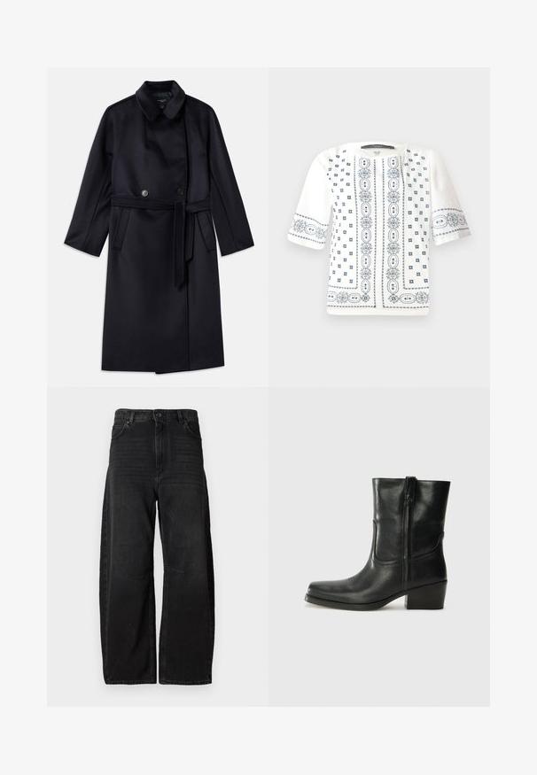 Ναυτικό παλτό από μίγμα μαλλιού με γιακά τύπου notch, διπλό κούμπωμα, ζώνη στη μέση, πλαινές τσέπες και μεσαίου μήκους σχέδιο.; Λευκό μπλουζάκι κοντομάνικο με μπλε λουλουδάτη κεντητική, στρογγυλή λαιμόκοψη και περίπλοκα σχέδια στο μπροστινό μέρος και τα μανίκια.; Φαρδιά μαύρα τζιν από ανθεκτικό ύφασμα, με ψηλή μέση, μεγάλες μπροστινές τσέπες και μίνιμαλ σχέδιο ραμμάτων.; Μαύρη δερμάτινη μπότες αστραγάλου με στρογγυλή μύτη, τετράγωνη φτέρνα, πλαϊνό φερμουάρ και ραφές στη μύτη. Ομαλή υφή, κλασικός σχεδιασμός.