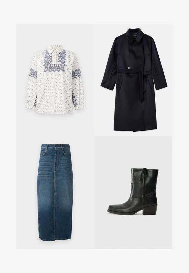 Manteau en mélange de laine bleu marine avec un col à revers, boutons double boutonnage, taille ceinturée, poches latérales et design mi-long.; Chemise blanche avec broderie florale bleue et bordeaux sur le devant et les manches. Dotée d'un col à bouton et de longues manches froncées.; Jupe midi en denim indigo foncé, avec une fente avant et une légère décoloration. Design classique à cinq poches avec fermeture à bouton métallique.; Bottine en cuir noir avec un bout rond, un talon carré, une fermeture éclair sur le côté et des coutures décoratives sur l'empeigne. Texture lisse, design classique.