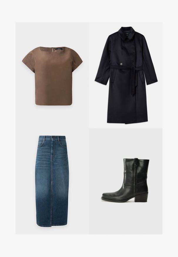 Abrigo de mezcla de lana de color marino con cuello con muesca, botones de doble botonadura, cinturón en la cintura, bolsillos laterales y diseño de longitud media.; Top corto marrón de manga corta con cuello redondeado y cremallera en la parte posterior. Está hecho de una tela suave, presenta una silueta limpia y cuadrada y no tiene patrones.; Falda midi de mezclilla en índigo oscuro, con una abertura delantera y un ligero desvaído. Diseño clásico de cinco bolsillos con cierre de botón metálico.; Botín negro de cuero hasta el tobillo con punta redondeada, tacón cuadrado, cremallera lateral y detalles de costura en el empeine. Textura suave, diseño clásico.