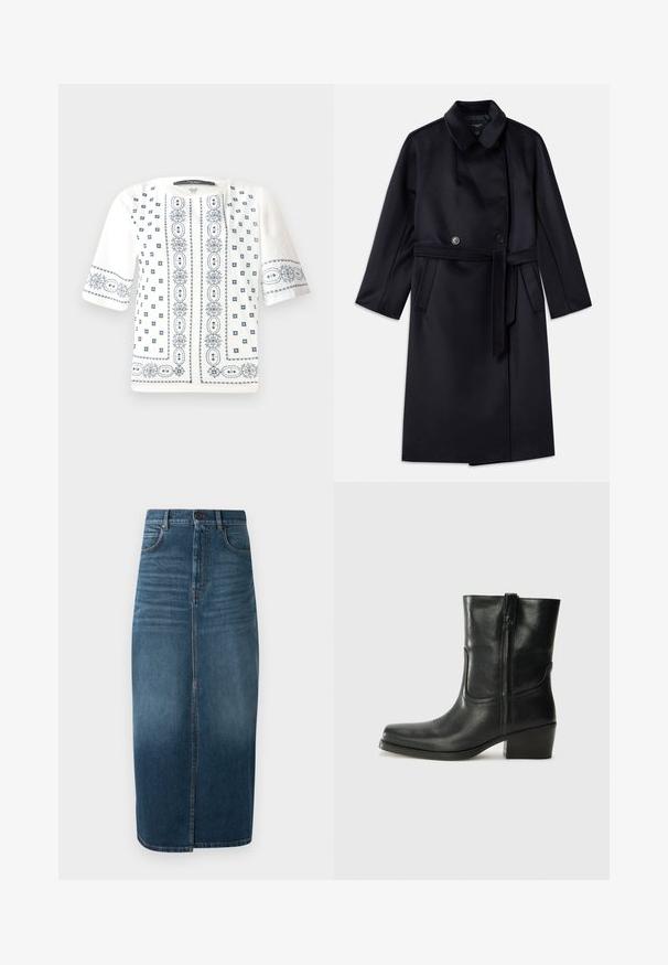 Marineblauer Wollmischmantel mit Reverskragen, doppelt-knöpfigem Verschluss, tailliertem Gürtel, Seitentaschen und mittellangem Design.; Weiße Kurzarmbluse mit blauer Blumenstickerei, einem runden Ausschnitt und detaillierten Mustern entlang der Vorderseite und Ärmel.; Denim-Midi-Rock in dunklem Indigo, mit einem vorderen Schlitz und leichtem Verblassen. Klassisches Fünf-Taschen-Design mit metallischem Knopfverschluss.; Schwarze Leder-Ankle Boots mit runder Zehenform, Blockabsatz, seitlichem Reißverschluss und gestickten Akzenten auf dem Blatt. Glatte Textur, klassisches Design.