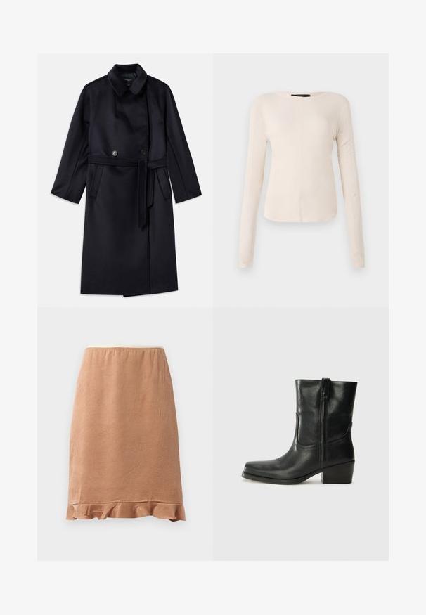 Marinblandad ullkappa med slagkrage, dubbelknäppning, bälte i midjan, sidofickor och medellång design.; Långärmad, ljusbeige topp med rund halsringning. Tillverkad i mjukt material, har en central söm och något rundad nederkant. Inga synliga detaljer.; Brun texturerad kjol med volangkant, i ett mjukt tyg som faller lätt, designad med elastisk midja för komfort.; Svart läderankelboot med rund tå, blockklack, sidodragkedja och sömmar på ovandelen. Slät textur, klassisk design.