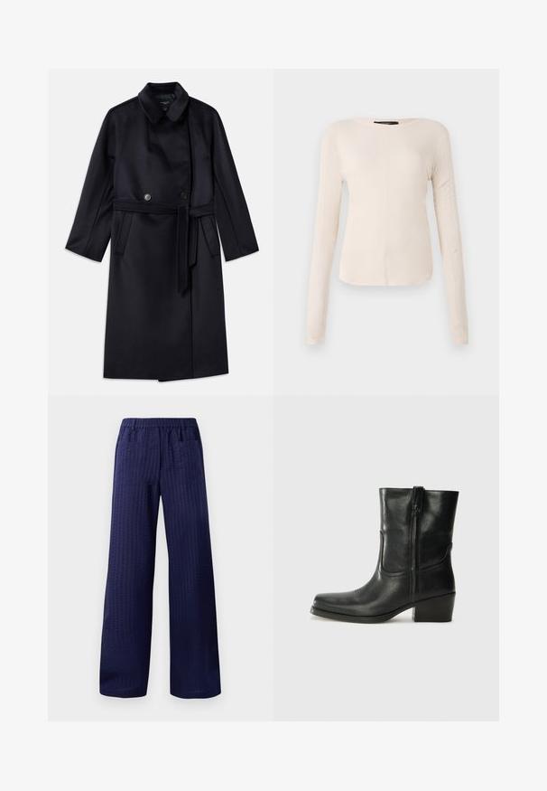 Tamsiai mėlynas vilnos mišinys paltas su iškirptu apykakle, dvigubo užsegimo mygtukais, diržu liemens srityje, šoninėmis kišenėmis ir vidutinio ilgio dizainu.; Ilgesnių rankovių, šviesiai bežinis viršus su apvaliu iškirpimu. Pagamintas iš minkštos medžiagos, turi centrinę siūlę ir šiek tiek kreivą apatinių kraštų liniją. Matomų detalių nėra.; Jūrų laivyno plačios kelnės su tekstūruotu paviršiumi, elastinga juosmens juosta ir dviem užpakalinėmis kišenėmis. Pagamintos iš lengvos, kvėpuojančios medžiagos.; Juodi odiniai aulinukai iki kulkšnies su apvali nosimi, blokuotais kulnais, šonine užtrauktuku ir siuvimo akcentais ant viršutinės dalies. Lygi tekstūra, klasikinis dizainas.