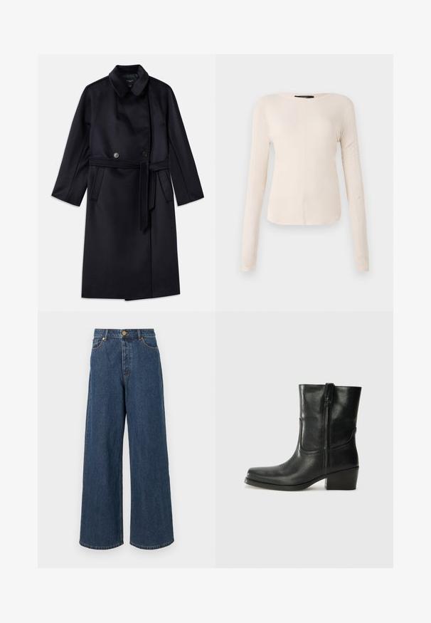 Navy wool blend coat with a notched collar, double-breasted buttons, belted waist, side pockets, and mid-length design.; Long-sleeve, light beige top with a round neckline. Made of soft fabric, features a central seam and slightly curved hem. No visible hardware.; Wide-leg denim jeans in dark blue, featuring a high waist, front button closure, and classic five-pocket design with subtle stitching detail.; Black leather ankle boot with a rounded toe, block heel, side zipper, and stitching accents on the vamp. Smooth texture, classic design.
