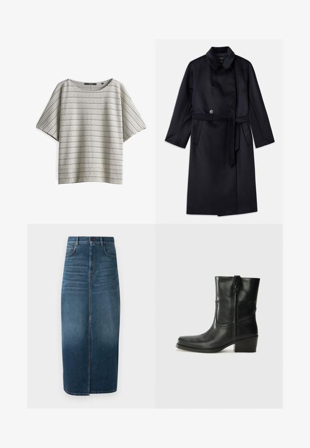 Navy wool blend coat with a notched collar, double-breasted buttons, belted waist, side pockets, and mid-length design.; Lightweight beige top with a textured pattern of thin black zigzags, round neckline, and short sleeves. Relaxed fit and soft fabric.; Denim midi skirt in dark indigo, featuring a front split and slight fade. Classic five-pocket design with metal button closure.; Black leather ankle boot with a rounded toe, block heel, side zipper, and stitching accents on the vamp. Smooth texture, classic design.