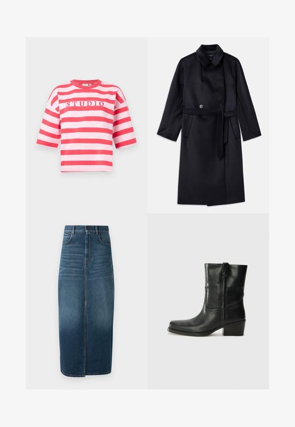 Jūras tumši zila vilnas maisījuma mēteli ar iegriezumu apkakli, divrindas pogām, jostu viduklī, sānu kabatām un vidēja garuma dizainu.; Rozā un sarkana svītrota īsām piedurknēm krekls ar apaļu kakla izgriezumu, centrā ir izvietots teksts "STUDIO". Izgatavots no mīkstas auduma.; Tumši indigo džinsu midi svārki ar priekšējo šķēlumu un vieglu izbalējumu. Klasicks piecu kabatu dizains ar metāla pogas aizdari.; Melna ādas potīte ar noapaļotu purngalu, bloku papēdi, sānu rāvējslēdzēju un šuvju akcentiem uz virsmas. Gluda tekstūra, klasiskā dizaina.
