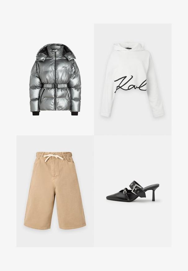 Srebrna jakna s kapuljačom, zatvaranjem na patentni zatvarač i odvojivim remenom. Ima rebraste manžetne i quilted teksturu s crnim akcentima.; Bijela skraćena dukserica od mekanog materijala s dugim rukavima i crnim natpisom na prednjoj strani. Glatka tekstura s opuštenim krojem.; Bež kratke hlače od pamuka s elastičnim pojasom, vrpcom za stezanje i dva bočna džepa. Imaju širok, ležeran kroj i ravne nogavice.; Crne visoke mule s oštrim vrhom, izrađene od glatke kože. Imaju široku narukvicu oko gležnja sa srebrnom kvadratnom kopčom i nitnama.