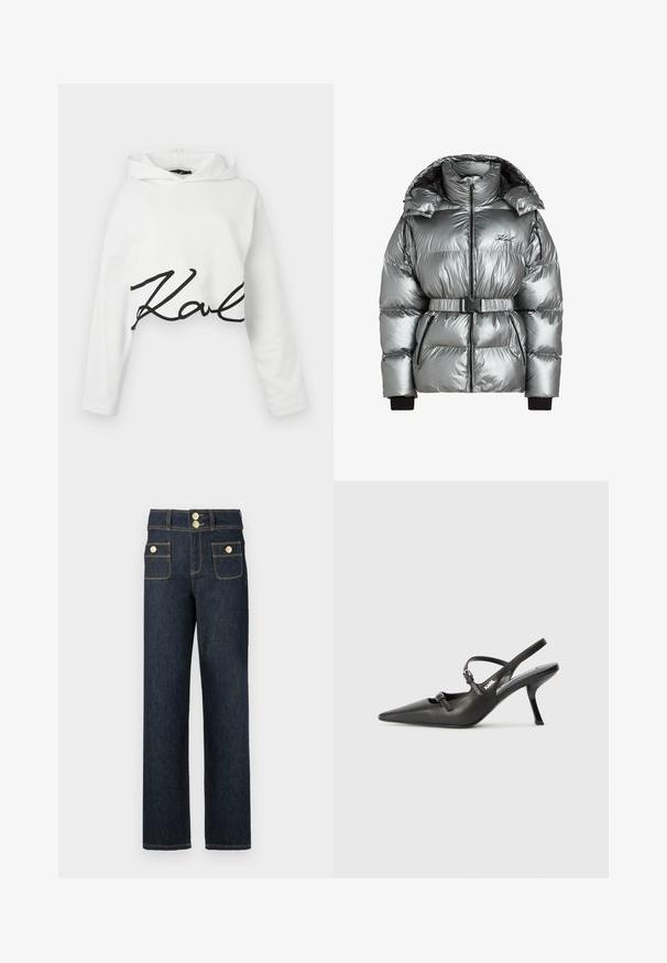 Silver puffer jacket with a high collar, zip closure, and detachable belt. Features ribbed cuffs and quilted texture with black accents.; White cropped hoodie in soft fabric featuring long sleeves and a black script logo across the front. Smooth texture with a relaxed fit.; Dark blue denim jeans with a straight-leg design, two front pockets, gold hardware accents, and contrast stitching details.; Black leather slingback heels with a pointed toe, slender heel, and decorative buckle detail on the vamp. Smooth texture and sleek design.