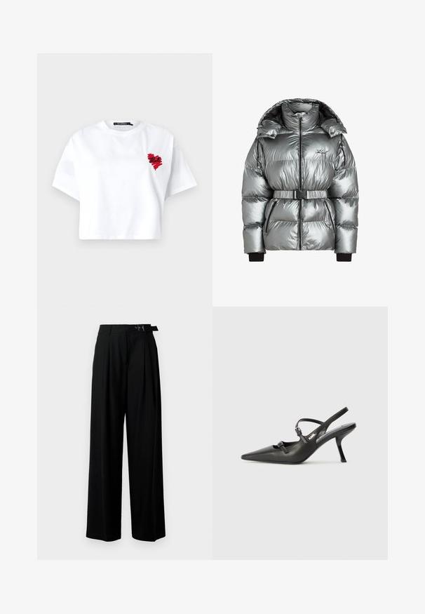 Sudraba pūkainā jaka ar augstu apkakli, ar rāvējslēdzēja aizdari un noņemamu jostu. Iezīmē ribotas aproces un quilted tekstūru ar melniem akcentiem.; Balts īsās piedurknes T-krekls, kas izgatavots no kokvilnas, ar sarkanu izšūtu sirds dizainu kreisajā pusē. Īsas piedurknes un apaļa kakla izgriezums.; Melni plaši bikses ar augsto jostasvītru, priekšā ar krokojiem un jostu ar sprādzi. Izgatavotas no gludas, vieglas auduma.; Melnas ādas slingback papēži ar norādītu purngalu, izsmalcinātu papēdi un dekoratīvu sprādzi uz priekšpuses. Gluda tekstūra un elegants dizains.