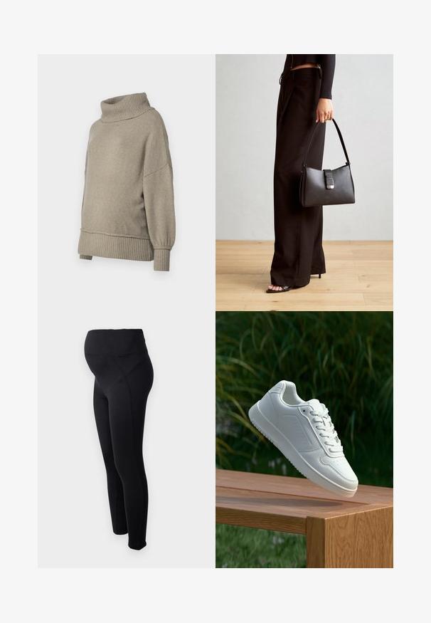 Dámsky prešívaný kabát v olivovej zelenej farbe. Má kapucňu, celozips, dve bočné vrecká a prešívaný dizajn s horizontálnym prešívaním.; Svetlo šedý pletený sveter s vysokým rebrovaným golierom a rebrovanými manžetami. Voľný strih s jemnou textúrou, s klesajúcim ramenným švom.; Čierne tehotenské legíny s vysokým pásom, vyrobené z elastického materiálu. Majú hladkú textúru a priliehavý strih pre maximálne pohodlie.; Biele tenisky s hladkým syntetickým zvrškom, perforovanou špičkou, plochými šnúrkami a textúrovanou podrážkou, vystavené na drevenej ploche.; Čierna kabelka so štruktúrovaným tvarom, hladkou textúrou a kovovou sponou. V kombinácii so širokými čiernymi nohavicami a sandálmi s otvorenou špičkou na drevenej podlahe.
