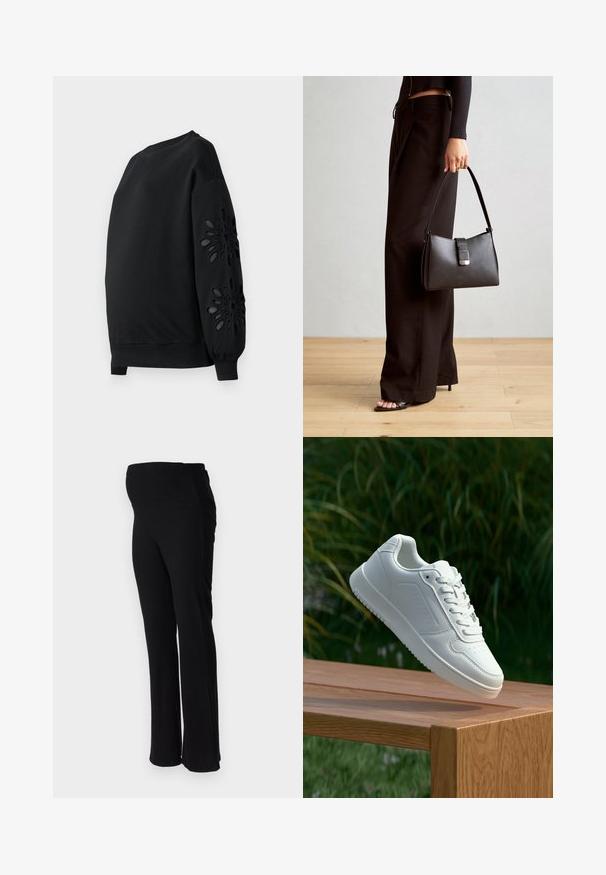 Dámsky prešívaný kabát v olivovej zelenej farbe. Má kapucňu, celozips, dve bočné vrecká a prešívaný dizajn s horizontálnym prešívaním.; Čierny sveter s okrúhlym výstrihom a vypchatými rukávmi, s laserom vyrezávanými kvetinovými vzormi na rukávoch a hladkou textúrou.; ONLY MATERNITY OLMHALLE - Nohavice - black; Biele tenisky s hladkým syntetickým zvrškom, perforovanou špičkou, plochými šnúrkami a textúrovanou podrážkou, vystavené na drevenej ploche.; Čierna kabelka so štruktúrovaným tvarom, hladkou textúrou a kovovou sponou. V kombinácii so širokými čiernymi nohavicami a sandálmi s otvorenou špičkou na drevenej podlahe.