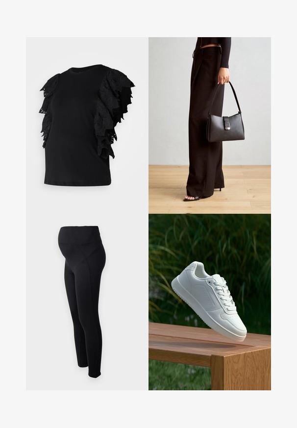 Naiste puffjakker oliivrohelises värvitoonis. Omab kapuutsi, täispikka tõmblukke, kahte küljetaskut ja tikandikku horisontaalse õmblusega.; Mustern musta t-särk, millel on lühikesed kihilised pitsist volangid varrukatel. Sile kangas, ümmargune kaelus ja mugavust silmas pidades lõdvestatud lõige.; Mustad rasedusleggingsid kõrge vöökohtaga, valmistatud venivast materjalist. Omavad siledat tekstuuri ja mugavat istuvust.; Valged sneakerd, millel on sile sünteetiline ülemine osa, väikeste aukudega varvaskast, lamedad paelad ja tekstuuriga tald, eksponeeritud puidust pinnal.; Must musta kott, millel on struktureeritud kuju, sile tekstuur ja metallist klamber. Kombineeritud laiate mustade pükstega ja avatud varvaste sandaalidega puidust põrandal.
