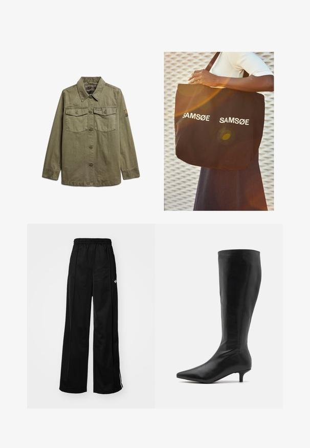 Olijfgroene, langesleeve jas van zacht stof. Beschikt over twee voorzakken, een knoopsluiting en branding op de borst en mouw.; Zwart cropped top met korte kapmouwen, ronde halslijn en een soepele stofstructuur, met een eenvoudige uitstraling zonder patronen of versieringen.; Zwarte wijde trainingsbroek met een elastische tailleband, voorzien van witte zijkanten en een klein logo op de linker heup. Stevige stoftextuur.; RAID ALPINE - Laarzen - black; Zwarte totebag gemaakt van canvas, met op beide zijden de witte tekst "SAM SøE" gedrukt. Rechthoekige vorm met stevige handvatten en een matte afwerking.