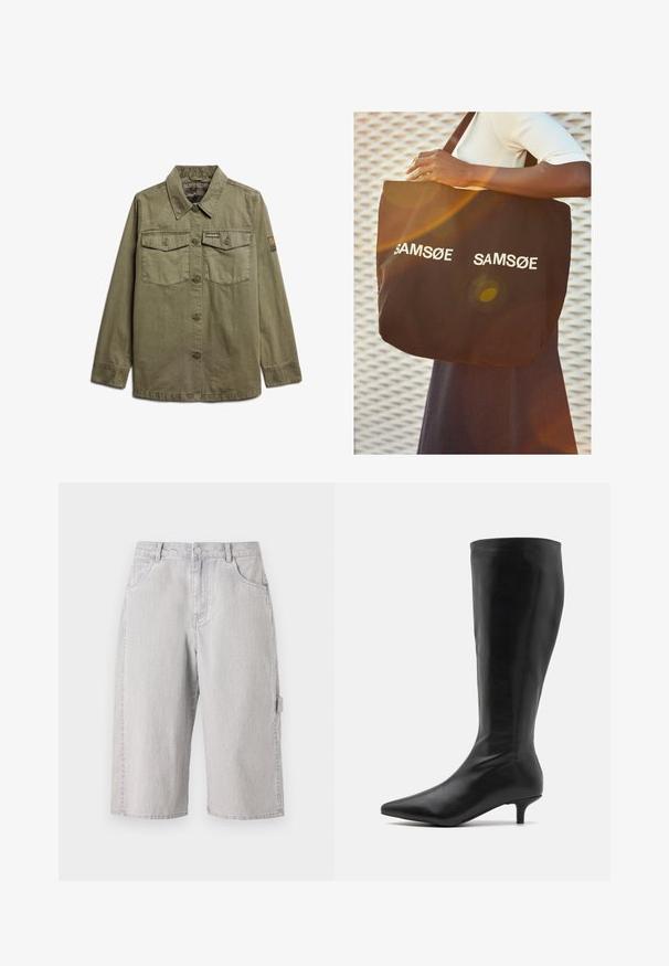 Chaqueta de color verde oliva, de manga larga, hecha de un tejido suave. Cuenta con dos bolsillos frontales, un cierre abotonado y una marca en el pecho y la manga.; Top negro corto con mangas cortas tipo capucha, escote redondo y textura de tela suave, con un diseño liso sin patrones ni adornos.; Pantalones cortos de mezclilla gris claro con un ajuste relajado, que cuentan con un diseño de cinco bolsillos y un bolsillo lateral tipo carga. Tejido texturizado con un desgaste sutil.; RAID ALPINE - Botas - black; Bolso tote negro de lona, con el texto blanco "SAM SøE" impreso en ambos lados. Forma rectangular con asas resistentes y un acabado mate.