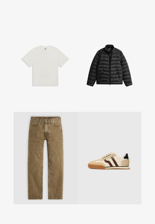 Černá péřová bunda se zipem vpředu, vysokým límcem a vodorovným prošitím. Má dvě zipové kapsy a logo na hrudi.; Bílý krátký rukáv tričko vyrobené z měkké bavlny. Má kulatý výstřih a uvolněný střih. Minimální branding je viditelný pod límcem.; Světlé hnědé džíny z denimu se střihem rovného nohavice, pěticí kapsami a kovovými prvky v měděném odstínu. Texturovaná látka s viditelnými švy.; GANT BAYLLE - Tenisky - sand