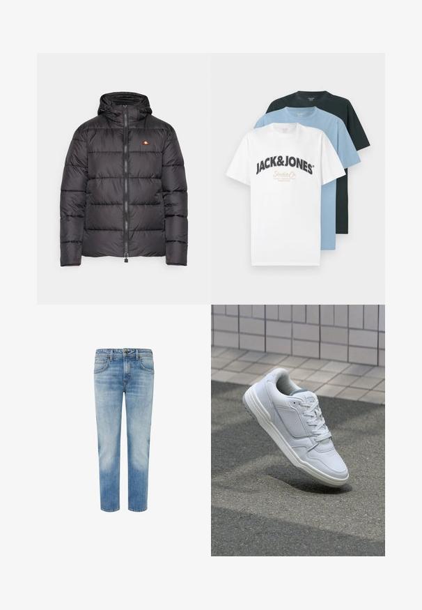 Juodas pūkinis džinsas su kapišonu, su horizontaliai išsiuvinėtomis dalimis ir priekiniais užtrauktukais. Ant krūtinės yra mažas logotipas.; Trys sulankstytos trumpomis rankovėmis marškinėliai su apvalia iškirpte: balti su Jack & Jones logotipu, šviesiai mėlyni ir juodi, sukrauti prieš baltą foną.; Šviesiai mėlyni džinsai su tiesiu kirpimu, turintys dvi priekinės kišenes, mygtuko užsegimą ir kontrastingus siuvimo detalių akcentus.; Baltos odinės sportinės bateliai su perforuotais šonais, tekstūruotais akcentais, plokščiomis raištelėmis ir kontrastingu pilku kulnu. Yra šiek tiek pakelti padas.