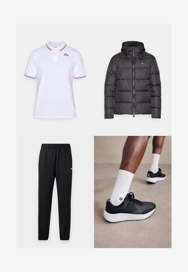 Čierna puffrová bunda s kapucňou, s horizontálne prešívanými sekciami a predným zipsom. Obsahuje malé logo na hrudi.; Biela polokošeľa s krátkym rukávom s červenými a námorníckymi odtieňmi na golieri a rukávoch, so zapínaním na dva gombíky a malým námorníckym logom na ľavej hrudi.; Čierne športové nohavice vyrobené z mäkkého materiálu, s elastickým pásom, dvoma bočnými vreckami a manžetami na koncoch pre priliehavý vzhľad.; Čierne športové topánky so sieťovinou a hladkými materiálmi, s bielou podrážkou, sivými akcentmi a čiernym povrazovým uzáverom. Nosené s bielymi rebrovanými ponožkami.