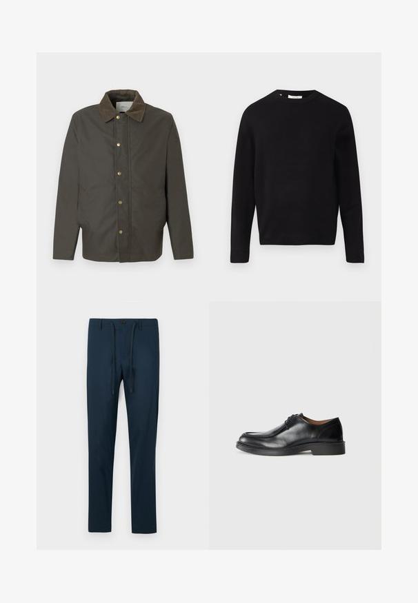 Dark brown jacket with corduroy collar, front snap buttons, and side pockets, displayed on a plain white background.; Black knit sweater with a round neckline, long sleeves, and a relaxed fit. Smooth texture, minimal design, no patterns or embellishments.; Navy blue trousers made of lightweight fabric, featuring a button closure and adjustable drawstring, with a slim, tapered fit.; Black leather dress shoe with a rounded toe, smooth surface, lace accents, and a low, textured rubber sole. Clean lines and minimal design.