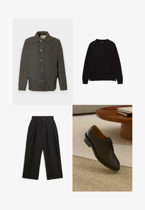 Tmavohnědá bunda s kordovou límcem, předními cvoky a bočními kapsami, vystavená na prostém bílém pozadí.; Černá polokošile s dlouhými rukávy, límečkem, třemi knoflíky a žebrovanými manžetami a lemem, vyrobená z texturované tkaniny.; Černé kalhoty s uvolněným střihem, s průhyby v přední části, bočními kapsami a zapínáním na knoflík. Vyrobené z texturované látky.; Hnědé kožené společenské boty s texturovaným svrškem, šněrovacím designem, kontrastním prošíváním a odolnou gumovou podrážkou, vznášející se nad tkaným kobercem.