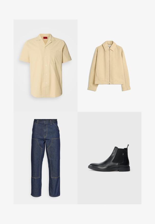 Beige, gestructureerde zip-up jack met een kraag, lange mouwen en twee zijzakken. Wafelbreipatroon door de stof.; Kortebloemige, lichtgele shirt van gestructureerde stof. Heeft een puntkraag en een borstzak, met witte knopen.; Donkerblauwe denim jeans met een hoge taille, rechte pijpen, contrasterende stiksels en opgestikte zakken aan de voorkant.; Zwarte leren Chelsea-boots met elastische zijpanelen, een treklipje en een vlakke rubberen zool. Gladde textuur met minimale details.