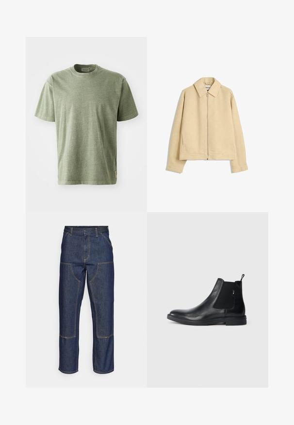 Béžová, štruktúrovaná bunda na zips s golierom, dlhými rukávmi a dvoma prednými vreckami. K dispozícii je vzor vaflového pletenia po celej tkanine.; Olivezelené bavlnené tričko s krátkymi rukávmi, okrúhlym výstrihom a jemnou textúrou. Obsahuje malú logovú nášivku na boku.; Tmavomodré denimové džínsy s vysokým pásom, rovného strihu, kontrastným prešívaním a vreckami na prednej strane.; Čierne kožené chelsea čižmy s elastickými bočnými panelmi, ťahacím pútkom a plochou gumovou podrážkou. Hladký povrch s minimálnymi detailmi.
