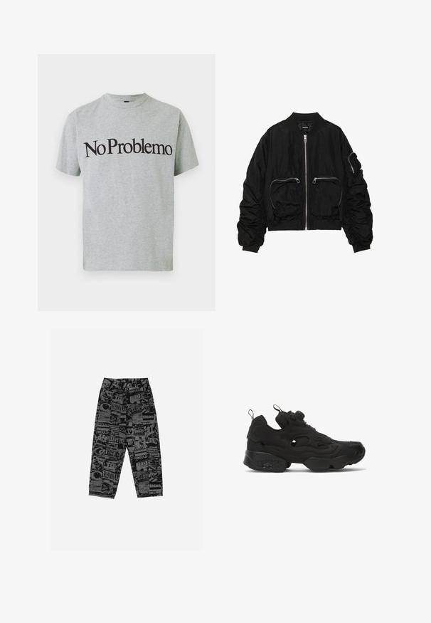 Schwarze Bomberjacke aus strukturiertem Stoff, mit einem Frontreißverschluss, zwei Reißverschlusstaschen und gerafften Ärmeln für zusätzliche Details.; Graues Baumwoll-T-Shirt mit kurzen Ärmeln und Rundhalsausschnitt, auf dem die schwarze Schrift "No Problemo" auffällig auf der Vorderseite platziert ist.; Schwarze Hose mit grafischem Druck, der verschiedene Texte und Bilder zeigt. Hergestellt aus leichtem Stoff, haben sie einen lässigen Schnitt und gerade Beine.; Schwarze Sportschuhe mit strukturiertem Obermaterial, hexagonalen Akzenten an der Sohle und einem Slip-On-Design mit einem zentralen Zugverschluss zum Festziehen.