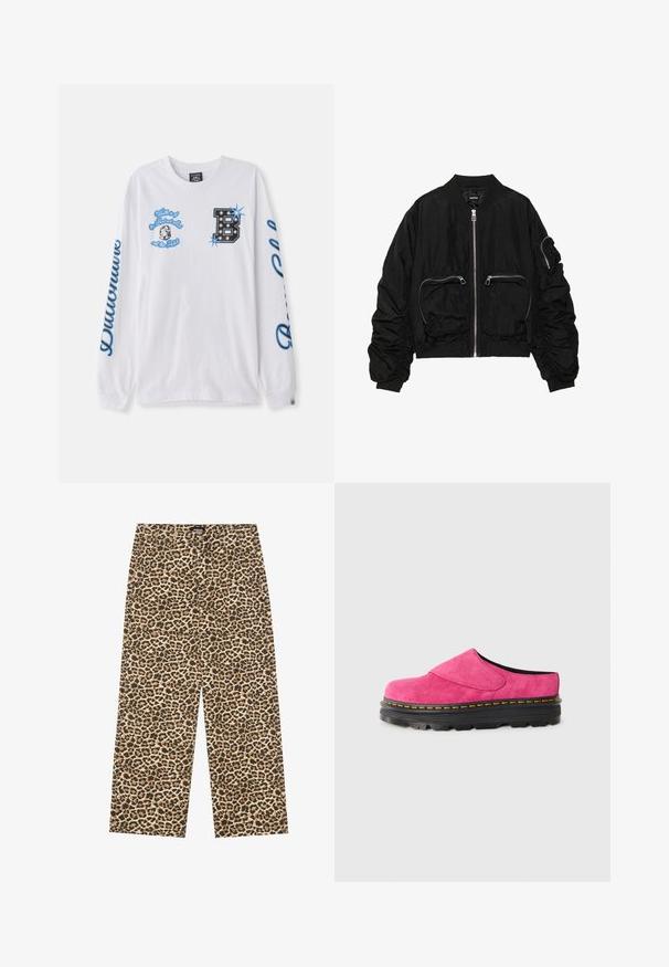 Black bomber jacket made of textured fabric, featuring a front zipper, two zippered pockets, and gathered sleeves for added detail.; White long-sleeve t-shirt in cotton with blue graphic designs, including text and a decorative "B." Features a round neck and cuffed sleeves.; YOURTURN UNISEX - Relaxed fit jeans - beige/black; Pink suede slip-on shoes with a thick black rubber sole, featuring yellow stitching along the edge and a rounded toe design.