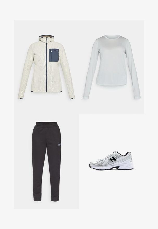 Cream textured jacket with front zipper, blue zippered chest pocket, and hood.; Long-sleeve, light grey mesh shirt with a round neckline, featuring subtle textured pattern and a small logo on the chest.; Black sweatpants made of soft fabric, featuring an elastic waistband, tapered legs, and a small white Puma logo on the left thigh.; Silver athletic shoe with mesh material, black accents, perforated design, and a cushioned white sole. Features a prominent 'N' logo.
