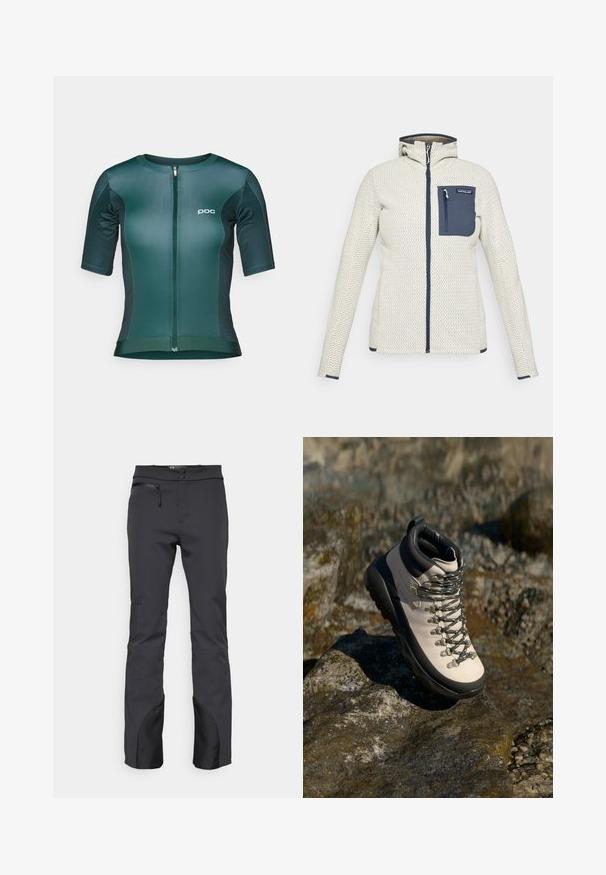 Tejhenyusú krémszínű dzseki, elülső cipzárral, kék cipzáras mellzsebbekkel és kapucnival.; Rövid ujjú kerékpáros mez sötétzöld színben, teljes cipzárral, sima, nedvességelvezető anyagból készült, kis fehér logóval.; Fekete, technikai szövetből készült kültéri nadrág, cipzáras zsebbel, sík derékkal és fekete díszítéssel az alsó szegélyen.; Világos bézs túracipő, fekete gumitalppal, rugalmas felsőrésszel, fémből készült fűzőlyukkal és szürke fűzőkkel, sziklás felületen elhelyezve.