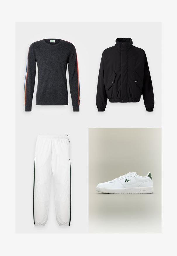 Juodas, paminkštintas švarkas su aukšta apykakle, spaudimo mygtukais, elastinėmis rankovėmis ir dviem priekinėmis kišenėmis. Ant krūtinės matomas subtilus logotipas.; Tamsiai pilkas megztinis ilgomis rankovėmis, su vaivorykštės spalvų juostomis palei pečius. Pagamintas iš minkštos medžiagos su apvaliomis iškirptėmis.; Baltos treniruočių kelnės su tamsiai žaliais šonų juostelėmis. Lengva medžiaga, elastinga juosmens juosta ir apASPIRUOTI rankogaliai. Šonų juostelėse yra tinklelio tekstūra.; Balti odiniai sportbačiai su lygiu paviršiumi, žaliais akcentais ant kulno ir žalia logotipu šone. Siūlo plokščią pado struktūrą ir apvalią nosį.