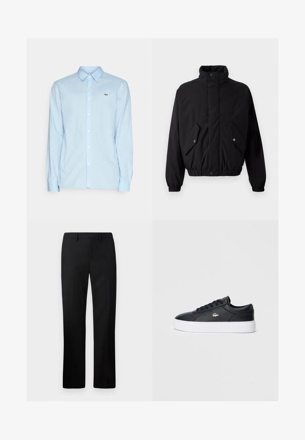 Črn, podložen jakna z visokim ovratnikom, pritisnimi gumbi, elastičnimi manšetami in dvema sprednjima žepoma. Ima subtilen logotip na prsih.; Svetlo modra dolg rokav srajca iz gladkega materiala, s klasičnim ovratnikom, zapenjanjem na gumbe in majhnim zelenim logotipom na prsih.; Črne krojene hlače s ravnimi nogami, izdelane iz gladkega blaga. Lastnosti vključujejo ravno sprednjo stran in pas srednje višine.; Črne usnjene superge s zaobljenim nosom, tonalnimi vezalkami in oblazinjenim ovratnikom. Imajo belo platformo in majhen logotip.