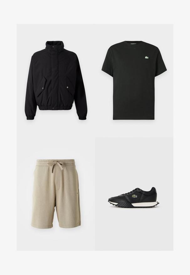 Giacca nera imbottita con colletto alto, bottoni a pressione, polsini elasticizzati e due tasche anteriori. Presenta un logo discreto sul petto.; Maglietta nera in cotone con scollo a girocollo, maniche corte e logo ricamato verde sul lato sinistro del petto. Tessuto liscio, vestibilità comoda.; Pantaloni corti beige con una texture morbida, vita elastica, cordino e tasche laterali. Lunghezza fino a metà coscia e branding minimale sul fondo.; Sneaker nere con finitura in pelle liscia, dotate di suola in gomma testurizzata, intersuola bianca e logo ricamato verde sul lato.