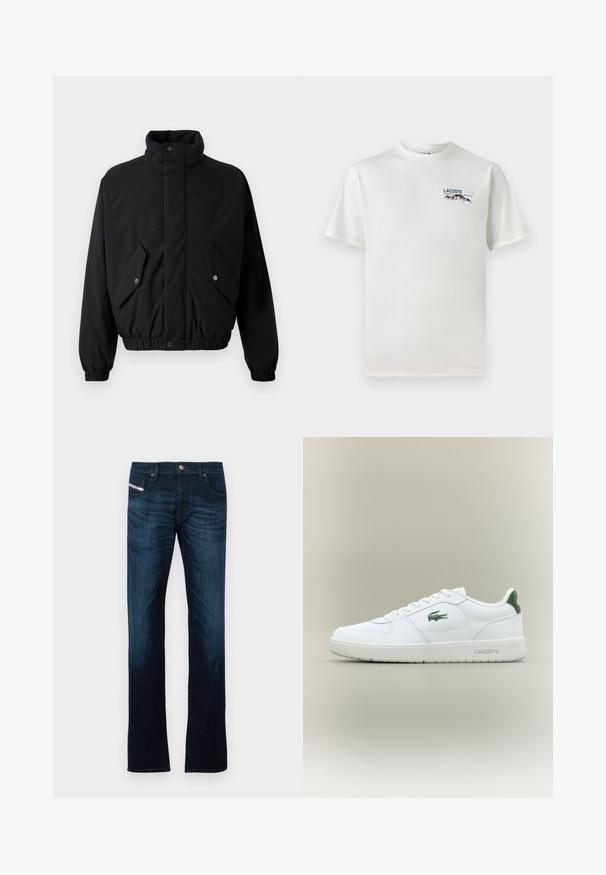 Must Black, polsterdatud jakk kõrge kraega, nööpidega lukustamine, elastsed mansetid ja kaks esikotti. Rinnas on peene logo.; Valge puuvillane T-särk ümmarguse kaelusega, lühikeste varrukatega ja väikese tikandiga logoga, millel on mäed ja tekst vasakul rinnal.; Tumedad sinised sirge jala pantid, ees taskud, vööde augud, nööbikinnitus ja peened pleekimiste detailid reitel ja põlvedel.; Valge nahkne spordijalats sujuva viimistlusega, rohelised aktsendid kanna peal ja roheline logo küljel. Omab lamedat tallat ja ümmargust varvast.