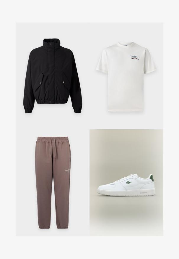 Čierna, polstrovaná bunda s vysokým golierom, cvokovými gombíkmi, elastickými manžetami a dvoma prednými vreckami. Na hrudi má jemné logo.; Biela bavlnená tričko s okrúhlym výstrihom, krátkymi rukávmi a malou vyšívanou nášivkou s motívom hôr a textom na ľavej hrudi.; Hnedé bavlnené joggers s elastickým pásom a manžetami, s malým bielym logom potlačeným na ľavej nohe.; Biele kožené tenisky s hladkým povrchom, zelenými akcentami na päte a zeleným logom na boku. Majú plochú podrážku a okrúly špičku.