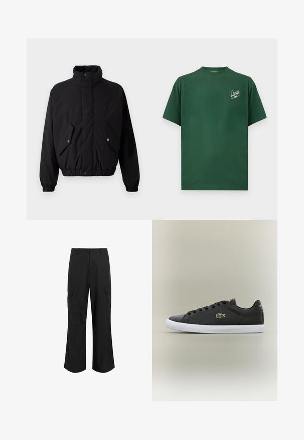 Crna, podstavljena jakna s visokim ovratnikom, snap dugmadi, elastičnim manžetama i dva prednja džepa. Ima suptilan logo na prsima.; Zelena pamučna majica s okruglim izrezom, kratkim rukavima i bijelim logotipom "Lacoste Paris" na lijevoj strani prsnog dijela.; Crne cargo hlače napravljene od lagane tkanine, s opuštenim krojem, dva velika bočna džepa i kopčanjem na dugme.; Crne kožne tenisice s bijelim gumenim potplatom, s zelenim krokodilom kao logotipom i okruglim vezicama, elegantnog dizajna s glatkom teksturom.