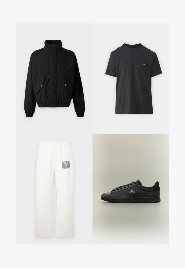 Melnā, pufīgā jaka ar augstu apkakli, slēgšanas pogām, elastīgām aprocēm un divām priekšējām kabatām. Iespējota izsmalcināta logo uz krūšu daļas.; Melnas kokvilnas T-krekls ar īsām piedurknēm, apaļu kakla izgriezumu un mazu zaļu logotipu kreisajā krūšu kabatē. Vienkāršs dizains, regulāra piegriezuma.; Baltas kokvilnas sporta bikses ar elastīgu jostas vietu, kuras kreisajā pusē ir melns un pelēks grafiskais logo uzlīmē.; Melnas zemas ādas tenisa kurpes ar melnām auklām, kurām sānos ir zaļš krokodila logotips, uz neitrāla fona.