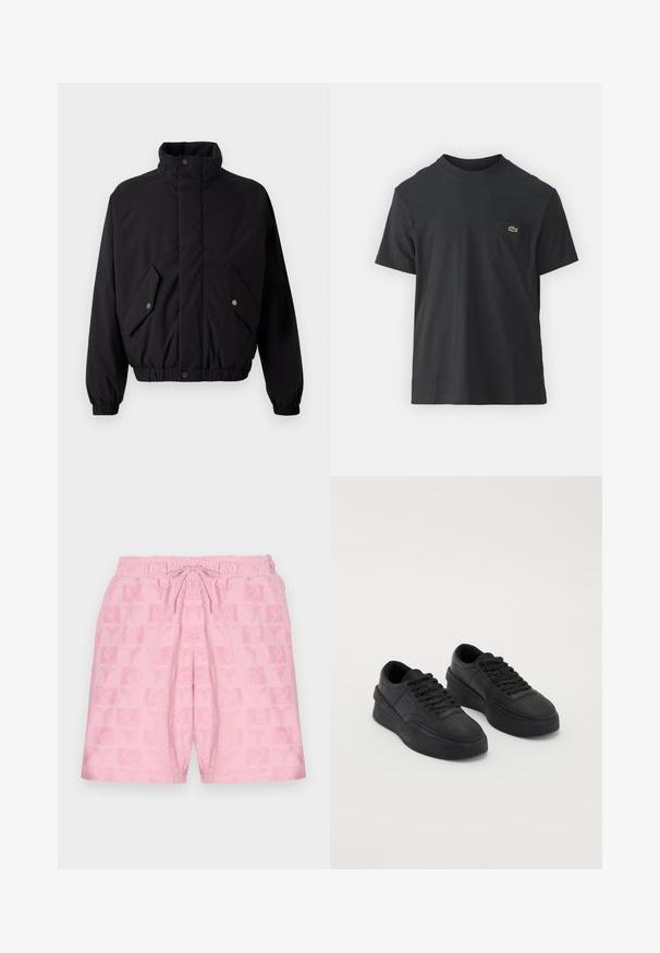 Fekete, párnázott dzseki magas gallérral, patentgombokkal, rugalmas mandzsettákkal és két elülső zsebbels. Diszkrét logó található a mellkason.; Fekete pamut póló rövid ujjakkal, kerek nyakú, bal oldalon egy kis zöld logóval a zseb fölött. Egyszerű dizájn, normál szabású.; Rózsaszín rövidnadrág, rugalmas derékpánttal és zsinórral; a szöveten logók és szimbólumok texturált mintázata található.; Simító bőr fekete sportcipők, párnázott talppal. Jellemzői közé tartozik a lapos fűző, a perforációk az orrán és az elegáns sziluett.