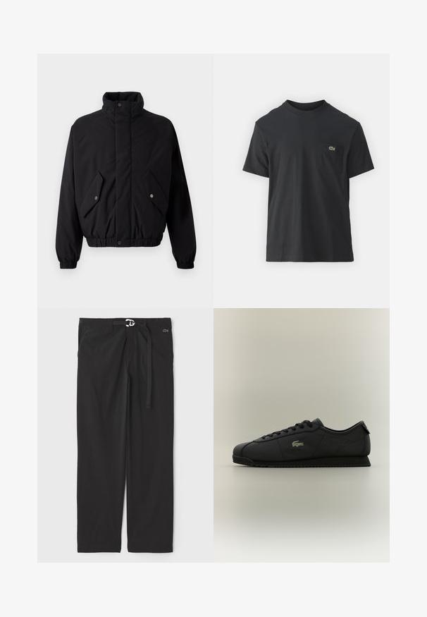 Svart, polstret jakke med høy krage, trykknapper, elastiske mansjetter og to frontlommer. Har et diskret logo på brystet.; Svart bomull t-skjorte med korte ermer, rund hals og en liten grønn logo på venstre brystlomme. Enkelt design, normal passform.; Svarte bukser med elastisk midje, justerbar snor i livet, og sidelommer. Laget av glatt, lett stoff. Lacoste-logo detalj.; Svart lavt topp sneaker med snøring foran, teksturert såle og gull krokodille-logo på siden.