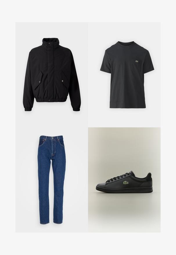 Geacă neagră, căptușită, cu guler înalt, butoni prin presare, manșete elastice și două buzunare frontale. Prezină un logo subtil pe piept.; Tricou din bumbac negru, cu mâneci scurte, decolteu rotund și un mic logo verde pe buzunarul stâng al pieptului. Design simplu, fit normal.; Levi's® 501® '93 STRAIGHT - Blugi drepți - the fillmore; Sneaker din piele neagră, cu talpă joasă și șireturi negre, având un logo de crocodil verde pe lateral, plasat pe un fundal neutru simplu.